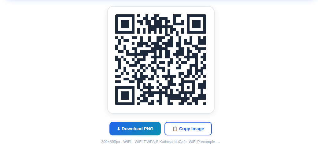 Generated WiFi QR code for a fictional café network with Download PNG and Copy Image buttons
