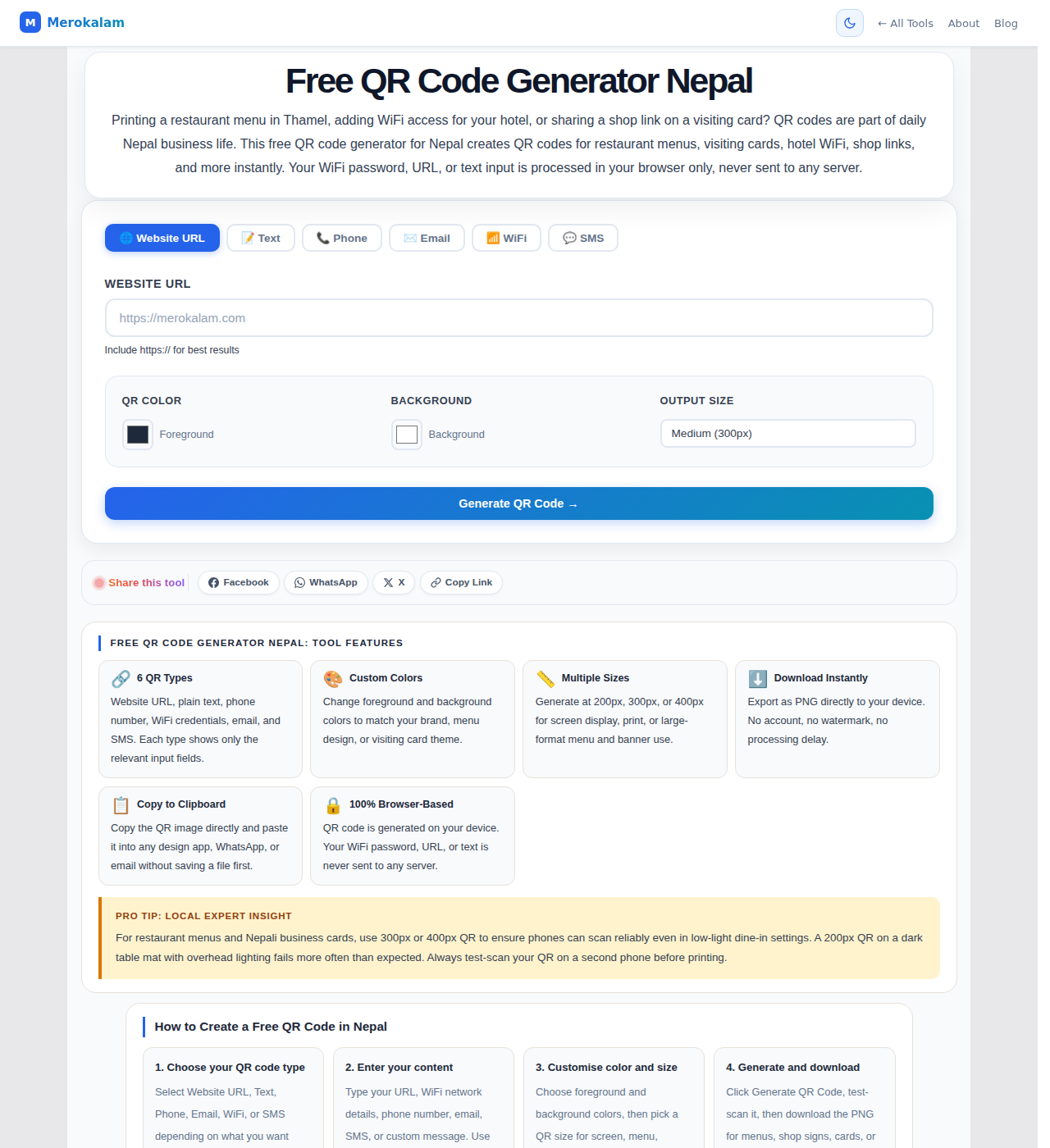 Merokalam's free QR Code Generator interface showing the six QR type tabs, an input field, color pickers, size selector, and the Generate QR Code button