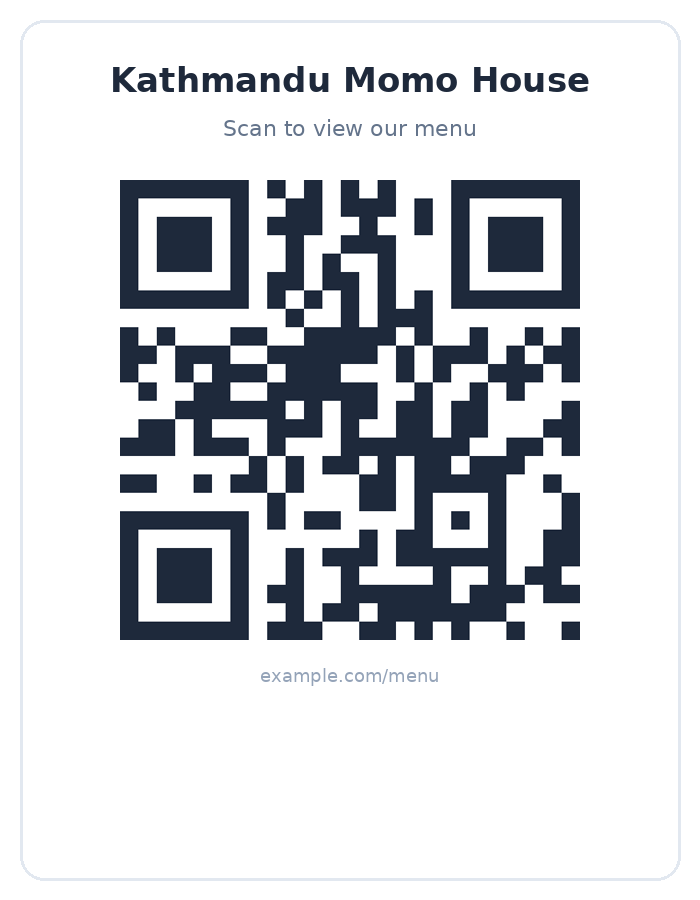 The QR code placed on a simple table tent style sign reading Kathmandu Momo House, scan to view our menu