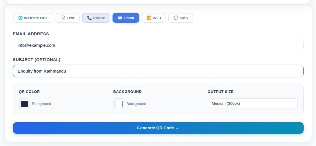 Email tab in the Merokalam QR generator with an address and subject entered