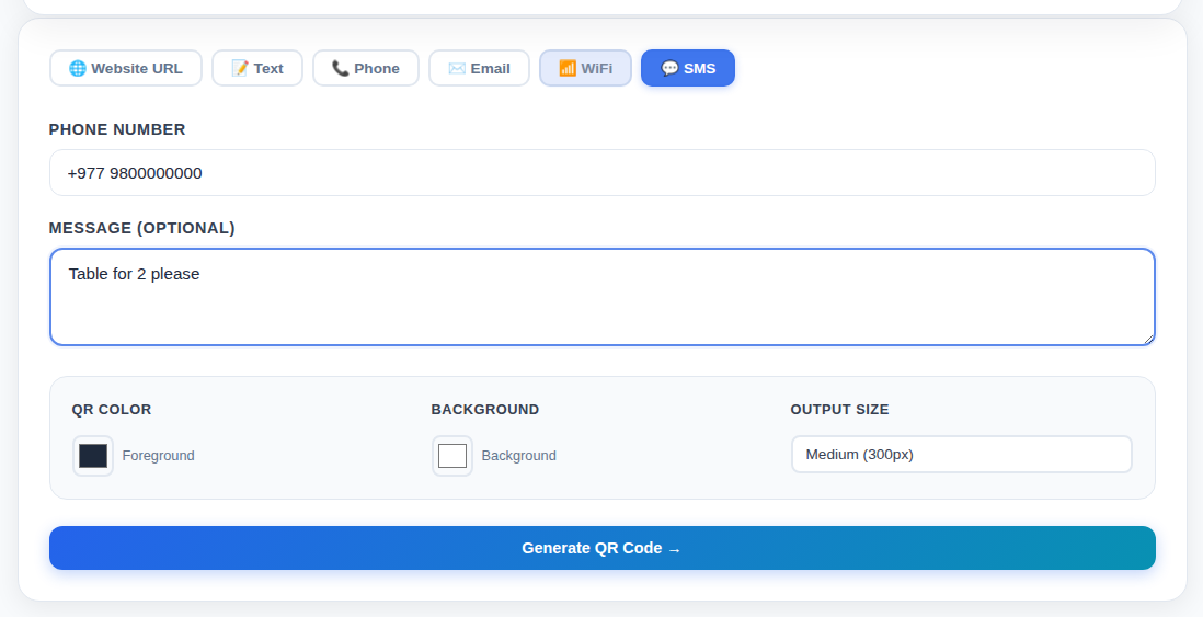 SMS tab in the Merokalam QR generator with a phone number and pre-filled message entered