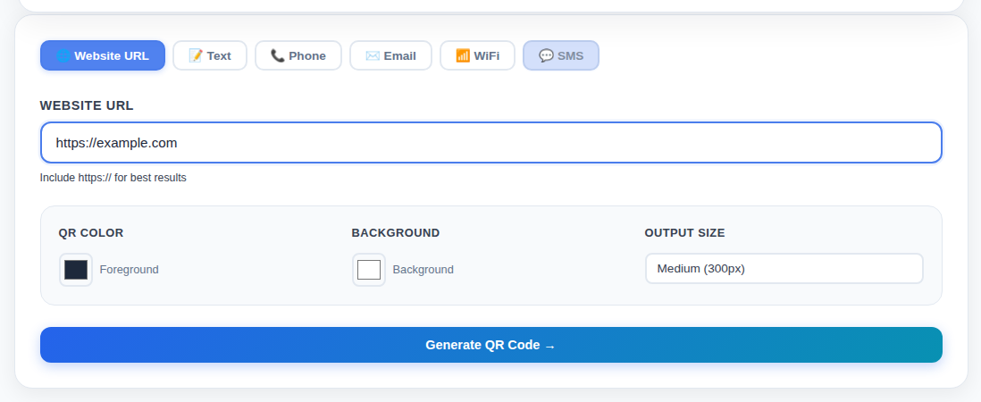 Website URL tab in the Merokalam QR generator with a URL entered
