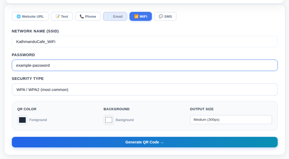 WiFi tab in the Merokalam QR generator with a network name, password, and security type entered
