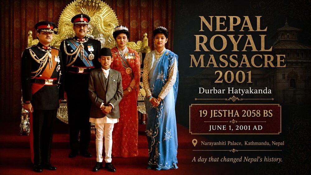 Commemorative graphic for the Nepal Royal Massacre 2001 (Durbar Hatyakanda), marking 19 Jestha 2058 BS / June 1, 2001 at Narayanhiti Palace, Kathmandu